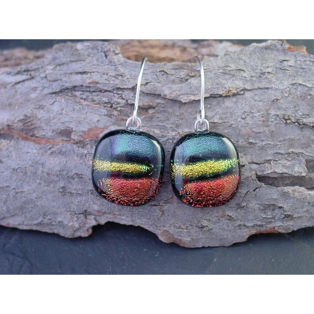 Emerald, Rust, Gold Dichroic Glass Dangle Earrings